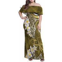 Gold Polynesian Tribal Frangipani Tropical Vibe Family Matching Off Shoulder Maxi Dress and Hawaiian Shirt LT14 Mom's Dress Gold - Polynesian Pride