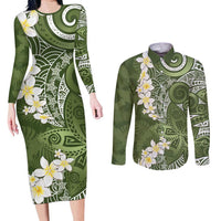 Green Polynesian Tribal Frangipani Tropical Vibe Couples Matching Long Sleeve Bodycon Dress and Long Sleeve Button Shirt LT14 Green - Polynesian Pride
