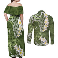 Green Polynesian Tribal Frangipani Tropical Vibe Couples Matching Off Shoulder Maxi Dress and Long Sleeve Button Shirt LT14 - Polynesian Pride
