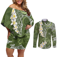 Green Polynesian Tribal Frangipani Tropical Vibe Couples Matching Off Shoulder Short Dress and Long Sleeve Button Shirt LT14 Green - Polynesian Pride