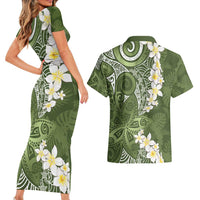 Green Polynesian Tribal Frangipani Tropical Vibe Couples Matching Short Sleeve Bodycon Dress and Hawaiian Shirt LT14 - Polynesian Pride