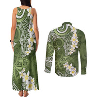 Green Polynesian Tribal Frangipani Tropical Vibe Couples Matching Tank Maxi Dress and Long Sleeve Button Shirt LT14 - Polynesian Pride
