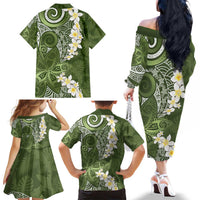 Green Polynesian Tribal Frangipani Tropical Vibe Family Matching Off The Shoulder Long Sleeve Dress and Hawaiian Shirt LT14 - Polynesian Pride