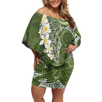 Green Polynesian Tribal Frangipani Tropical Vibe Family Matching Off Shoulder Short Dress and Hawaiian Shirt LT14 Mom's Dress Green - Polynesian Pride