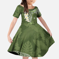 Green Polynesian Tribal Frangipani Tropical Vibe Family Matching Short Sleeve Bodycon Dress and Hawaiian Shirt LT14 Daughter's Dress Green - Polynesian Pride