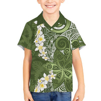 Green Polynesian Tribal Frangipani Tropical Vibe Family Matching Short Sleeve Bodycon Dress and Hawaiian Shirt LT14 Son's Shirt Green - Polynesian Pride
