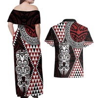 Red Aotearoa Niho Taniwha Couples Matching Off Shoulder Maxi Dress and Hawaiian Shirt Maori Mythology Tooth - Taniko Motifs LT14 - Polynesian Pride