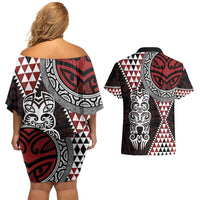 Red Aotearoa Niho Taniwha Couples Matching Off Shoulder Short Dress and Hawaiian Shirt Maori Mythology Tooth - Taniko Motifs LT14 - Polynesian Pride
