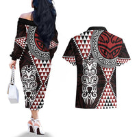Red Aotearoa Niho Taniwha Couples Matching Off The Shoulder Long Sleeve Dress and Hawaiian Shirt Maori Mythology Tooth - Taniko Motifs LT14 - Polynesian Pride