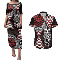 Red Aotearoa Niho Taniwha Couples Matching Puletasi and Hawaiian Shirt Maori Mythology Tooth - Taniko Motifs LT14 Red - Polynesian Pride