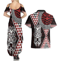 Red Aotearoa Niho Taniwha Couples Matching Summer Maxi Dress and Hawaiian Shirt Maori Mythology Tooth - Taniko Motifs LT14 - Polynesian Pride