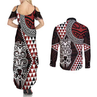 Red Aotearoa Niho Taniwha Couples Matching Summer Maxi Dress and Long Sleeve Button Shirt Maori Mythology Tooth - Taniko Motifs LT14 - Polynesian Pride