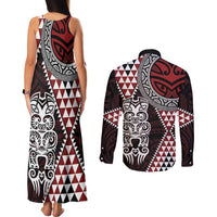 Red Aotearoa Niho Taniwha Couples Matching Tank Maxi Dress and Long Sleeve Button Shirt Maori Mythology Tooth - Taniko Motifs LT14 - Polynesian Pride