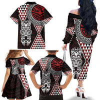 Red Aotearoa Niho Taniwha Family Matching Off The Shoulder Long Sleeve Dress and Hawaiian Shirt Maori Mythology Tooth - Taniko Motifs LT14 - Polynesian Pride