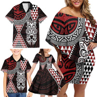 Red Aotearoa Niho Taniwha Family Matching Off Shoulder Short Dress and Hawaiian Shirt Maori Mythology Tooth - Taniko Motifs LT14 - Polynesian Pride