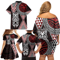 Red Aotearoa Niho Taniwha Family Matching Off Shoulder Short Dress and Hawaiian Shirt Maori Mythology Tooth - Taniko Motifs LT14 - Polynesian Pride