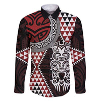 Red Aotearoa Niho Taniwha Family Matching Off Shoulder Short Dress and Hawaiian Shirt Maori Mythology Tooth - Taniko Motifs LT14 Dad's Shirt - Long Sleeve Red - Polynesian Pride