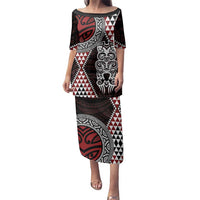 Red Aotearoa Niho Taniwha Family Matching Puletasi and Hawaiian Shirt Maori Mythology Tooth - Taniko Motifs LT14 Mom's Dress Red - Polynesian Pride