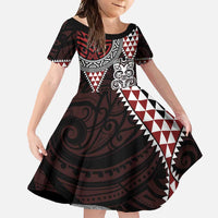 Red Aotearoa Niho Taniwha Family Matching Summer Maxi Dress and Hawaiian Shirt Maori Mythology Tooth - Taniko Motifs LT14 Daughter's Dress Red - Polynesian Pride