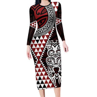 Red Aotearoa Niho Taniwha Long Sleeve Bodycon Dress Maori Mythology Tooth - Taniko Motifs LT14 Long Dress Red - Polynesian Pride