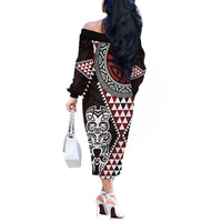 Red Aotearoa Niho Taniwha Off The Shoulder Long Sleeve Dress Maori Mythology Tooth - Taniko Motifs LT14 - Polynesian Pride