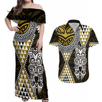 Yellow Aotearoa Niho Taniwha Couples Matching Off Shoulder Maxi Dress and Hawaiian Shirt Maori Mythology Tooth - Taniko Motifs LT14 Yellow - Polynesian Pride