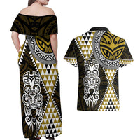 Yellow Aotearoa Niho Taniwha Couples Matching Off Shoulder Maxi Dress and Hawaiian Shirt Maori Mythology Tooth - Taniko Motifs LT14 - Polynesian Pride