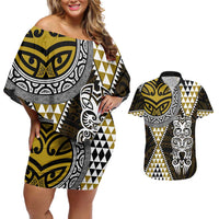 Yellow Aotearoa Niho Taniwha Couples Matching Off Shoulder Short Dress and Hawaiian Shirt Maori Mythology Tooth - Taniko Motifs LT14 Yellow - Polynesian Pride