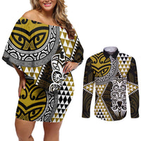 Yellow Aotearoa Niho Taniwha Couples Matching Off Shoulder Short Dress and Long Sleeve Button Shirt Maori Mythology Tooth - Taniko Motifs LT14 Yellow - Polynesian Pride