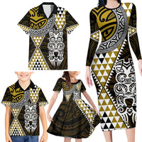 Yellow Aotearoa Niho Taniwha Family Matching Long Sleeve Bodycon Dress and Hawaiian Shirt Maori Mythology Tooth - Taniko Motifs LT14 - Polynesian Pride