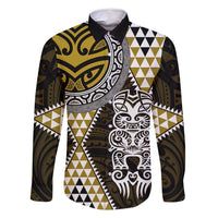 Yellow Aotearoa Niho Taniwha Family Matching Mermaid Dress and Hawaiian Shirt Maori Mythology Tooth - Taniko Motifs LT14 Dad's Shirt - Long Sleeve Yellow - Polynesian Pride
