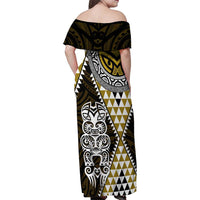 Yellow Aotearoa Niho Taniwha Family Matching Off Shoulder Maxi Dress and Hawaiian Shirt Maori Mythology Tooth - Taniko Motifs LT14 - Polynesian Pride