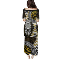 Yellow Aotearoa Niho Taniwha Family Matching Puletasi and Hawaiian Shirt Maori Mythology Tooth - Taniko Motifs LT14 - Polynesian Pride