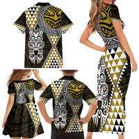Yellow Aotearoa Niho Taniwha Family Matching Short Sleeve Bodycon Dress and Hawaiian Shirt Maori Mythology Tooth - Taniko Motifs LT14 - Polynesian Pride