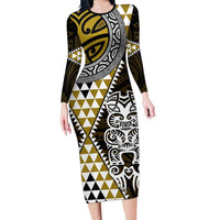 Yellow Aotearoa Niho Taniwha Long Sleeve Bodycon Dress Maori Mythology Tooth - Taniko Motifs LT14 Long Dress Yellow - Polynesian Pride