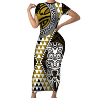 Yellow Aotearoa Niho Taniwha Short Sleeve Bodycon Dress Maori Mythology Tooth - Taniko Motifs LT14 Long Dress Yellow - Polynesian Pride