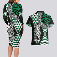 Green Aotearoa Niho Taniwha Couples Matching Long Sleeve Bodycon Dress and Hawaiian Shirt Maori Mythology Tooth - Taniko Motifs LT14 - Polynesian Pride