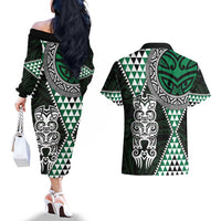 Green Aotearoa Niho Taniwha Couples Matching Off The Shoulder Long Sleeve Dress and Hawaiian Shirt Maori Mythology Tooth - Taniko Motifs LT14 - Polynesian Pride