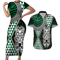 Green Aotearoa Niho Taniwha Couples Matching Short Sleeve Bodycon Dress and Hawaiian Shirt Maori Mythology Tooth - Taniko Motifs LT14 Green - Polynesian Pride