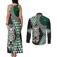 Green Aotearoa Niho Taniwha Couples Matching Tank Maxi Dress and Long Sleeve Button Shirt Maori Mythology Tooth - Taniko Motifs LT14 - Polynesian Pride