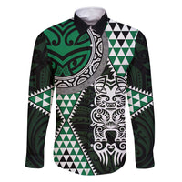 Green Aotearoa Niho Taniwha Family Matching Long Sleeve Bodycon Dress and Hawaiian Shirt Maori Mythology Tooth - Taniko Motifs LT14 Dad's Shirt - Long Sleeve Green - Polynesian Pride