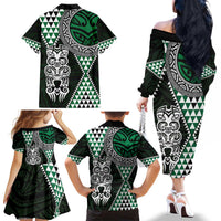 Green Aotearoa Niho Taniwha Family Matching Off The Shoulder Long Sleeve Dress and Hawaiian Shirt Maori Mythology Tooth - Taniko Motifs LT14 - Polynesian Pride