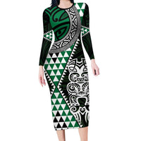 Green Aotearoa Niho Taniwha Long Sleeve Bodycon Dress Maori Mythology Tooth - Taniko Motifs LT14 Long Dress Green - Polynesian Pride