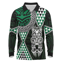 Green Aotearoa Niho Taniwha Long Sleeve Polo Shirt Maori Mythology Tooth - Taniko Motifs LT14 Green - Polynesian Pride