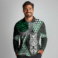 Green Aotearoa Niho Taniwha Long Sleeve Polo Shirt Maori Mythology Tooth - Taniko Motifs LT14 - Polynesian Pride