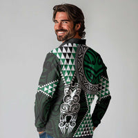 Green Aotearoa Niho Taniwha Long Sleeve Polo Shirt Maori Mythology Tooth - Taniko Motifs LT14 - Polynesian Pride
