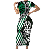 Green Aotearoa Niho Taniwha Short Sleeve Bodycon Dress Maori Mythology Tooth - Taniko Motifs LT14 Long Dress Green - Polynesian Pride