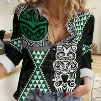 Green Aotearoa Niho Taniwha Women Casual Shirt Maori Mythology Tooth - Taniko Motifs LT14 Female Green - Polynesian Pride