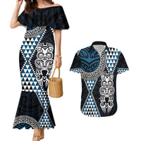Blue Aotearoa Niho Taniwha Couples Matching Mermaid Dress and Hawaiian Shirt Maori Mythology Tooth - Taniko Motifs LT14 Blue - Polynesian Pride
