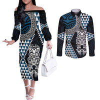 Blue Aotearoa Niho Taniwha Couples Matching Off The Shoulder Long Sleeve Dress and Long Sleeve Button Shirt Maori Mythology Tooth - Taniko Motifs LT14 Blue - Polynesian Pride